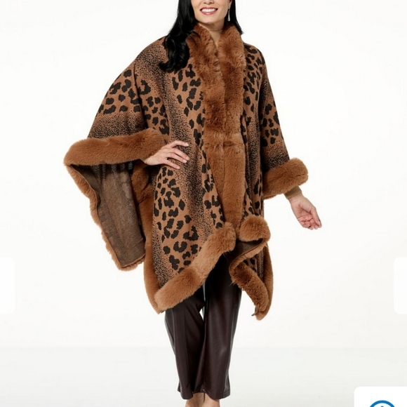 KATHY IRELAND Fashion 360 Safari Skies Faux Fur Trim Cape - NEW - Picture 4 of 4